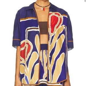 NWT Sancia Khoen Floral Abstract Boho Silky Button Down Short Sleeve Blouse Sm